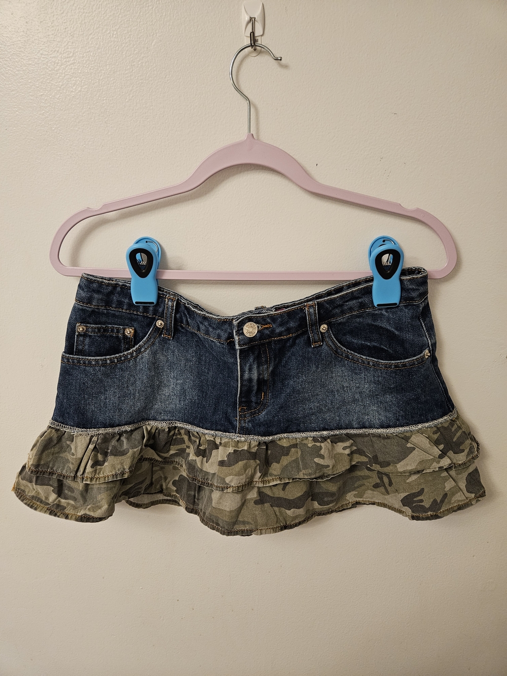 Edikted NWT Dark Blue Denim Skirt with Green Camo Ruffle